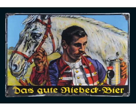 Riebeck-Bier, Zustand: 2-3/3, Leipzig, um 1920, 75 x 51 cm, gewölbt, Ferro-Email, C. Robert Dold, Offenburg i. Baden, schablo