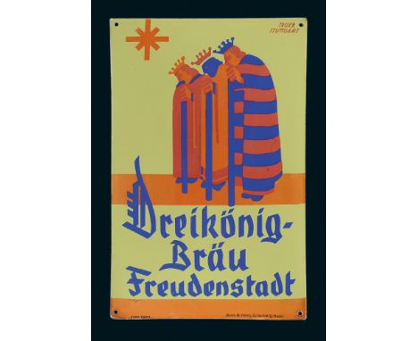 Dreikönig-Bräu, Zustand: 1, Freudenstadt, 20er Jahre, 36 x 55 cm, gewölbt, Pyro-Email, Boos &amp; Hahn, Ortenberg-Baden, dick