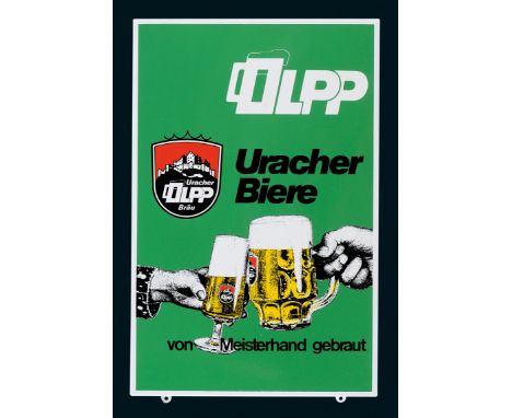 Olpp Bier, Zustand: 1+, Bad Urach, 1971, 38 x 58 cm, abgekantet, Pyro-Email, Boos &amp; Hahn, Ortenberg-Baden, mit Hersteller