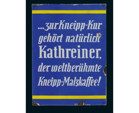 Kathreiner Kneipp-Malzkaffee, Zustand: 2-3, München, 30er Jahre, 40 x 55 cm, abgekantet, Ferro-Email, C. Robert Dold, Offenbu