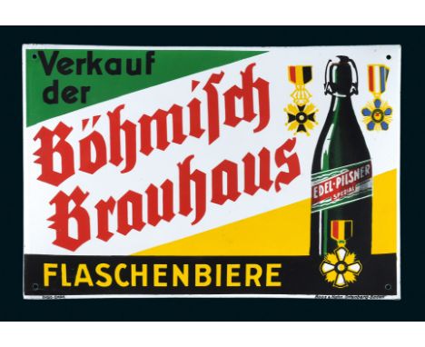 Böhmisch Brauhaus Flaschenbiere, Zustand: 1+, Berlin-Friedrichshain, 20er Jahre, 50 x 33 cm, gewölbt, Pyro-Email, Boos &amp; 