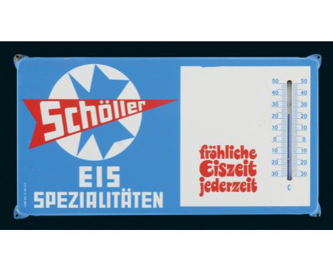 Schöller Eis Spezialitäten Thermometer, Zustand: 1/1-2, 70er Jahre, 42 x 22 cm, abgekantetes Blechschild mit funktionstüchtig