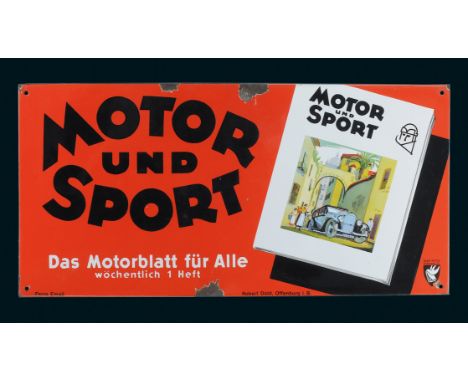 Motor und Sport, Zustand: 2, Pößneck i/Th., um 1930, 96 x 50 cm, abgekantet, Ferro-Email, C. Robert Dold, Offenburg i. Baden,