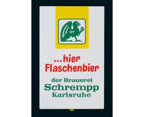 Schrempp Brauerei, Zustand: 1+, Karlsruhe, um 1960, 25 x 40 cm, abgekantet, Pyro-Email, Boos &amp; Hahn, Ortenberg-Baden, sch