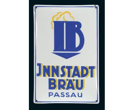 Innstadt Bräu, Zustand: 1, Passau, 20er Jahre, 33 x 50 cm, gewölbt, Pyro-Email, Boos &amp; Hahn, Ortenberg-Baden, schablonier