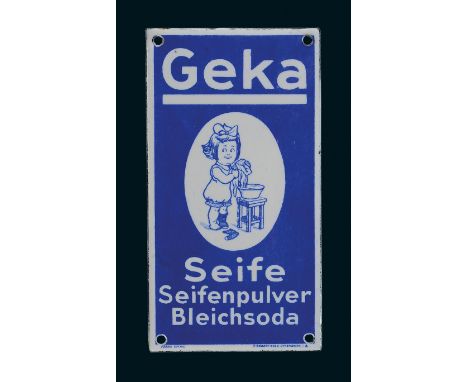 Geka Seife, Zustand: 0, Schweinfurt, um 1920, 7,5 x 14 cm, gewölbt, Ferro-Email, C. Robert Dold, Offenburg i. Baden, rein im 