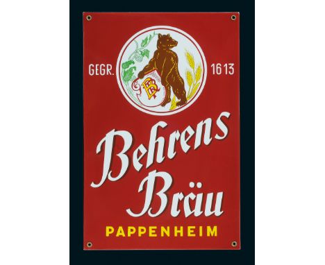 Behrens Bräu, Zustand: 1, Pappenheim, 50er Jahre, 38 x 58 cm, abgekantet, Ferro-Email, C. Robert Dold, Offenburg i. Baden, sc