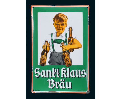 Sankt Klaus Bräu, Zustand: 1-2, Schönebeck, Sachsen, 30er Jahre, 33 x 50 cm, gewölbt, Pyro-Email, Boos u. Hahn, Ortenberg/Bad
