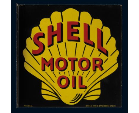 Shell Motor Oil Ausleger, Zustand: 1-2, 30er Jahre, 60 x 60 cm, beidseitig gleich emaillierter Ausleger, Pyro-Email, Boos &am