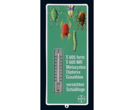 Bayer E605 Thermometer, Zustand: 0, Leverkusen, 60er Jahre, 18 x 42 cm, flach, abgeschrägte Kanten, schabloniert und umgedruc