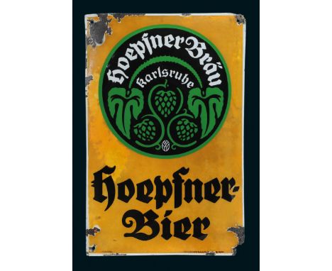 Hoepfner Bier, Zustand: 3-4, Karlsruhe, 20er Jahre, 40 x 50 cm, gewölbt, Pyro-Email, Boos &amp; Hahn, Ortenberg-Baden, schabl