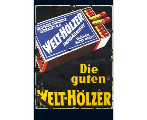 Welt-Hölzer, Zustand: 3, um 1920, 132 x 168 cm, abgekantet, Ferro-Email, C. Robert Dold, Offenburg i. Baden, dick schablonier