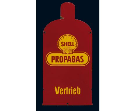 Shell Propagas, Zustand: 1, 50er Jahre, 30 x 63 cm, flach, Pyro-Email, Boos &amp; Hahn, Ortenberg/Baden, schabloniert.