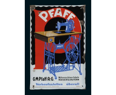 Pfaff Nähmaschinenfabrik, Zustand: 2-3, Kaiserslautern, 20er Jahre, 59 x 89 cm, flach, gewölbter Rand, Pyro-Email, Boos &amp;