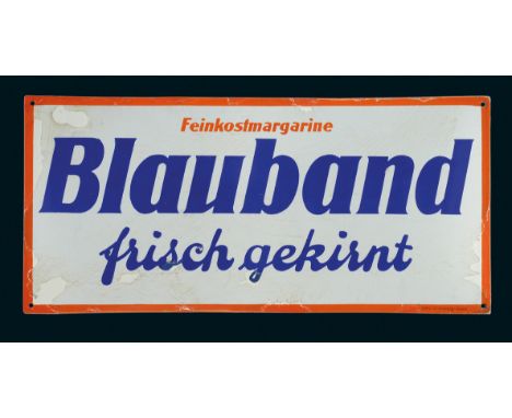 Blauband Feinkostmargarine, Zustand: 2-4, Kleve, 20er Jahre, 66 x 31 cm, gewölbt, Boos &amp; Hahn, Ortenberg-Baden, schabloni