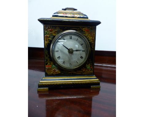 A CHINOISERIE DECORATED SMALL BRACKET CLOCK.
