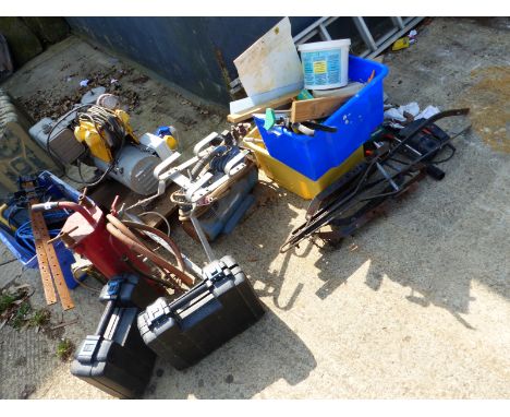 VARIOUS POWER TOOLS, TO INCLUDE A SMALL COMPRESSOR, TWO CASED ERBAUER SANDERS, BUILDERS TOOLS, ETC.