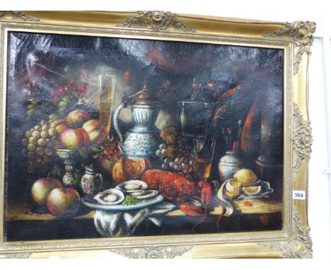 A DECORATIVE OIL PAINTING OF A TABLE TOP STILL LIFE AFTER THE OLD MASTERS, SIGNED INDISTINCTLY, OIL ON CANVAS 51 x 71cm