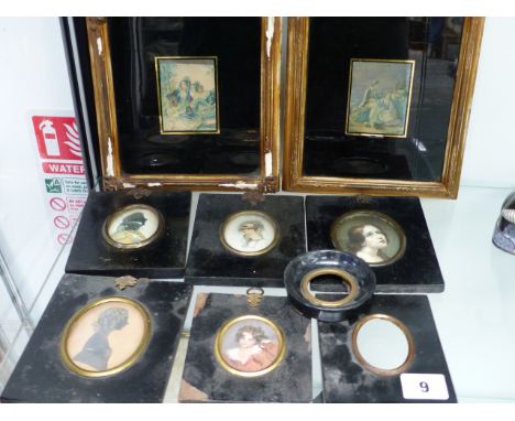 A 19th.C. PORTRAIT SILHOUETTE MINIATURE TOGETHER WITH FOUR PRINTED EXAMPLES, TWO BAXTER PRINTS AND TWO FRAMES. 