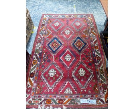 A PERSIAN TRIBAL RUG, 227 x 145cm.  TOGETHER WITH A CONTINENTAL PILED RUG 160 x 95cm AND A PERSIAN MAT (3)