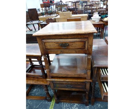 A PAIR OF BESPOKE OAK BEDSIDE TABLES EACH WITH SINGLE DRAWER GUN BARREL LEGS JOINED BY AN OPEN SHELF TIER, EACH. W 55 x D 48 