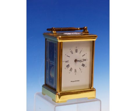 A L'EPEE CARRIAGE CLOCK RETAILED BY MAPPIN AND WEBB, THE PLATFORM ESCAPEMENT MOVEMENT STRIKING ON A COILED ROD, THE CASE.   H