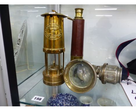 A BRASS AND LEATHER BOUND TELESCOPE ENGRAVED BAKER 244 HIGH HOLBORN IN LONDON, TOGETHER WITH A WELSH MINER LANTERN AND A FURT