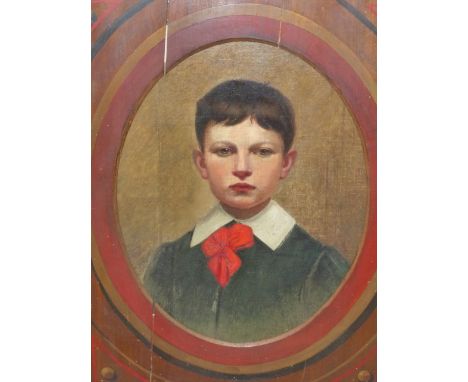19th CENTURY CONTINENTAL SCHOOL FEIGNED OVAL PORTRAIT OF A BOY.  OIL ON CANVAS DECORATIVE PAINTED MOUNT AND FRAME.  55 x 46 c