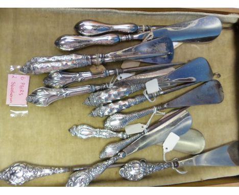SIX BUTTON SHOE HORN PAIRS, LARGELY WITH HALLMARKED SILVER HANDLES
