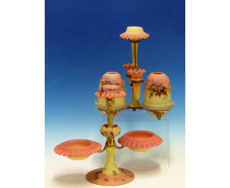 A PAIR OF CLARKES TYPE CLEAR GLASS FAIRY LIGHT CANDLESTICKS WITH BLUE SATIN GLASS SHADES.   H 28cms. TOGETHER WITH TWO BURMES