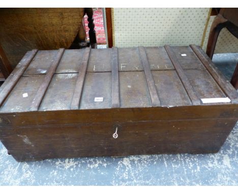 A PAINTED TEAK OFFICERS TWO HANDLED TRUNK.   W 100 x D 51 x H 35cms.