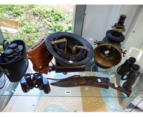 THREE PAIRS OF BINOCULARS  TO INCLUDE HANIMEX, MILITARY ISSUE AND CHINON.  TOGETHER WITH A MILITARY HELMET AND EASTERN KNIFE 