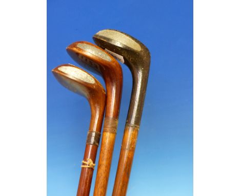 SUNDAY STICKS - TWO GIBSON WESTWARD HO GOLF CLUB WALKING STICKS TOGETHER WITH ANOTHER WITH WEIGHTED EBONISED WOOD HANDLE AND 