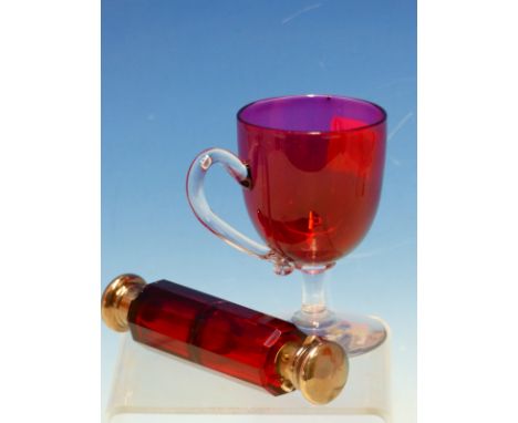 A 19th C. RUBY GLASS DOUBLE ENDED SCENT AND VINAIGRETTE TOGETHER WITH A CRANBERRY BOWL CUSTARD CUP