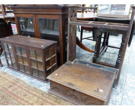 A SATIN WOOD BANDED GLAZED MAHOGANY DISPLAY CABINET TOP, A GLAZED OAK TWO DOOR TABLE TOP CABINET, AN OAK BIBLE BOX TOGETHER W