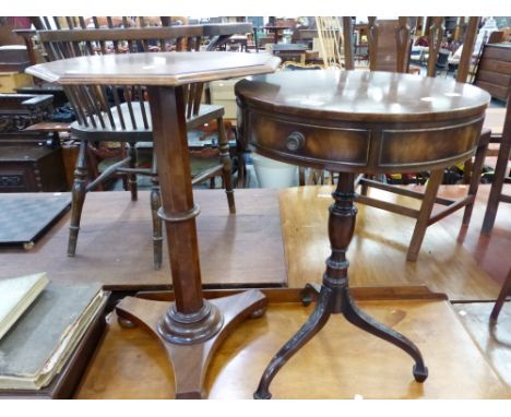 A MAHOGANY DRUM TOP TABLE WITH THREE DRAWERS, THE BALUSTER COLUMN ON HUSK CARVED TRIPOD, TOGETHER WITH A MAHOGANY OCTAGONAL T