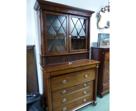 A 19th C. MAHOGANY SECRETAIRE DISPLAY CABINET, THE ASTRAGAL GLAZED DOORS ABOVE A SLATTED TAMBOUR SHELF BETWEEN COLUMNS AND RE