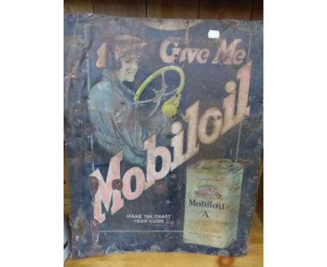 A VINTAGE MOBIL OIL ADVERTISING SIGN AND A ENAMEL JUG. 