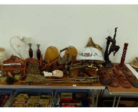 BRASS FIRESIDE TOOLS AND FIREDOGS, A PAIR OF GLASS WALL LIGHTS, ART DECO STYLE FIGURE, COPPER KETTLE, MASKS ETC. 