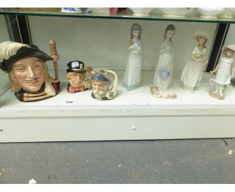 FOUR NAO FIGURINES AND ONE LLADRO EXAMPLE, TOGETHER WITH THREE ROYAL DOULTON CHARTER JUGS.