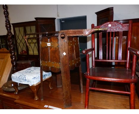 A CHILDS ELBOW CHAIR, COPPER BOUND OAK PLANTER, FOOTSTOOL, STANDARD LAMP AND A PINE CORNER CUPBOARD