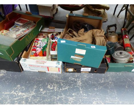 FIVE BOXES OF VARIOUS COLLECTABLES, TO INCLUDE A VINTAGE KYL FYRE FIRE EXTINGUISHER, VINTAGE STATIONERY, CHRISTMAS DECORATION