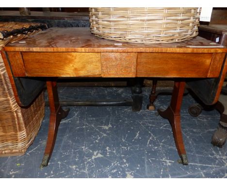 A MARQUETRIED ROSEWOOD TWO DRAWER SOFA TABLE ON BRASS FOLIATE CAPPED CASTER FEET. W 94 x D 65 x H 73cms.