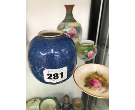 A WORCESTER SMALL BULBOUS VASE HAND PAINTED BY BARKER?, AND FOUR OTHER WORCESTER PIECES. 