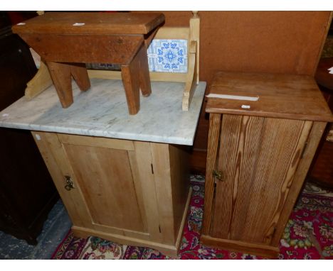 A PINE BEDSIDE CUPBOARD, A STOOL AND A MARBLE TOPPED TILE BACKED PINE WASHSTAND