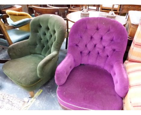 TWO SIMILAR BUTTON BACKED CHAIRS UPHOLSTERED IN PURPLE AND IN SEA GREEN VELVET