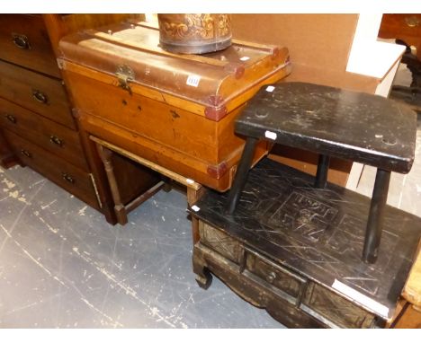 AN ANTIQUE TIN TRUNK, TWO LOW TABLES, TWO FOLDING CAKE STANDS AND A STICK STAND AND CONTENTS. 