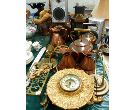 TWO VICTORIAN COPPER KETTLES, A STABLE LANTERN, SPIT JACK, TWO CLOCKS ETC.