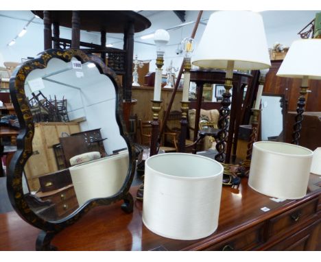 TWO DRESSING TABLE MIRRORS, TWO PAIRS OF BRASS TOPPED MAHOGANY CANDLESTICK TABLE LAMPS AND ANOTHER SINGLE