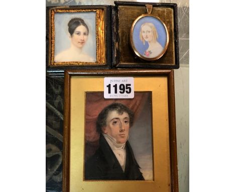 A PORTRAIT MINIATURE OF AN 18th C. GENTLEMAN DEPICTED AGAINST A RED CURTAIN TOGETHER WITH TWO PORTRAIT MINIATURES OF LADIES.
